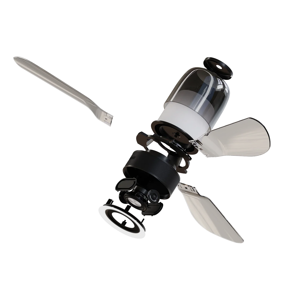 Ceiling fan with an integrated speaker system and built-in lighting.
