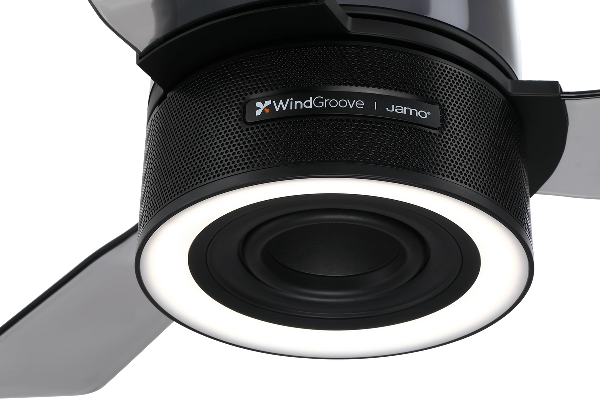 Ceiling fan featuring an integrated speaker system and built-in lighting.