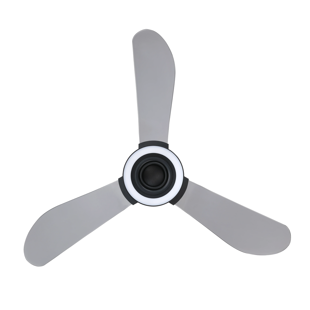 Modern ceiling fan featuring an integrated speaker system and built-in lighting.