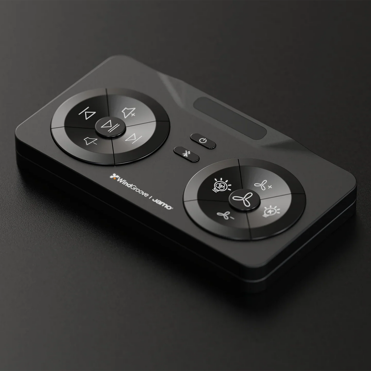 WindGroove remote control for ceiling fan with integrated speaker and lighting controls.